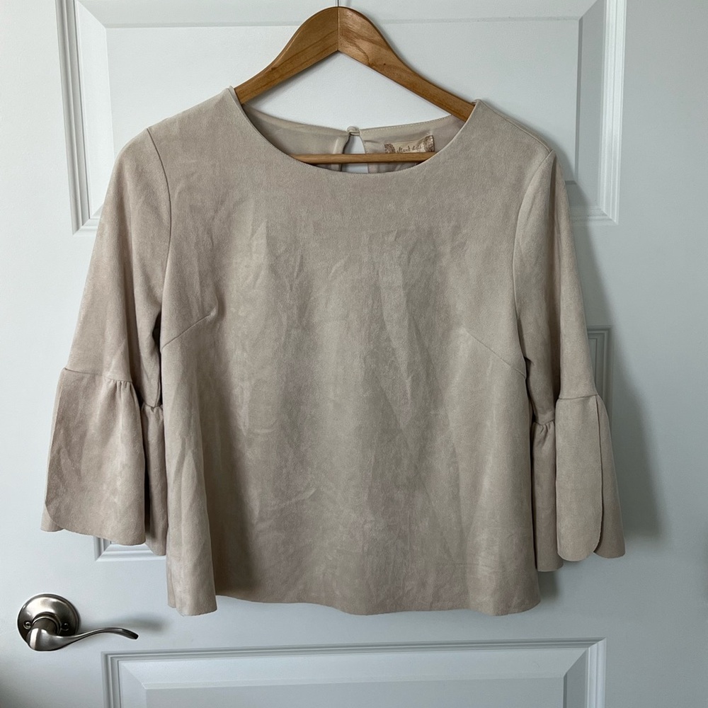 NWT Altar’d State Tan Microsuede Blouse Flutter Sleeve SZ M